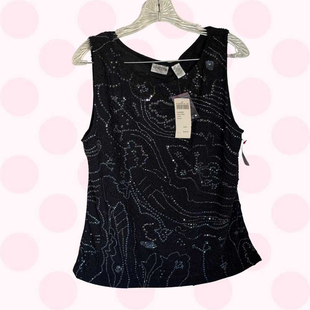 Vintage Chico’s Black Beaded Sequin Evening Tank Size 2 NWT